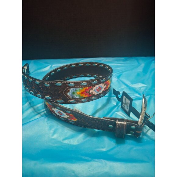 Nocona Brown Leather Belt W/ Beaded Aztec Design & Silver Buckle - Size S - Picture 6 of 7